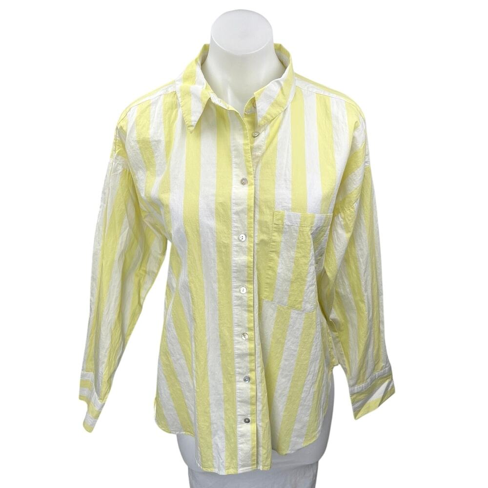 MNG Womens Yellow White Striped Pocket Long Sleeve Button Down Shirt Top Size 8